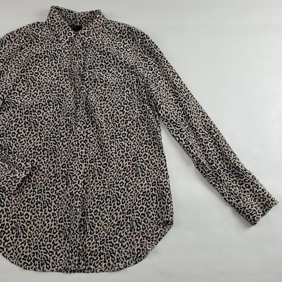 J Crew 100% Silk Leopard Blouse Womens 6 Black Long Sleeve Button Up Collar Top - Picture 3 of 11